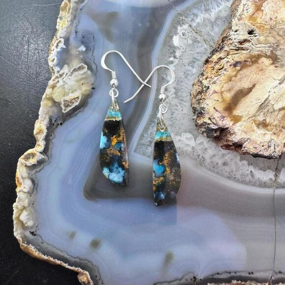 Sterling Elongated Triangle Chrysocolla Slab Dangle Earrings For Women #229 - Picture 2 of 10